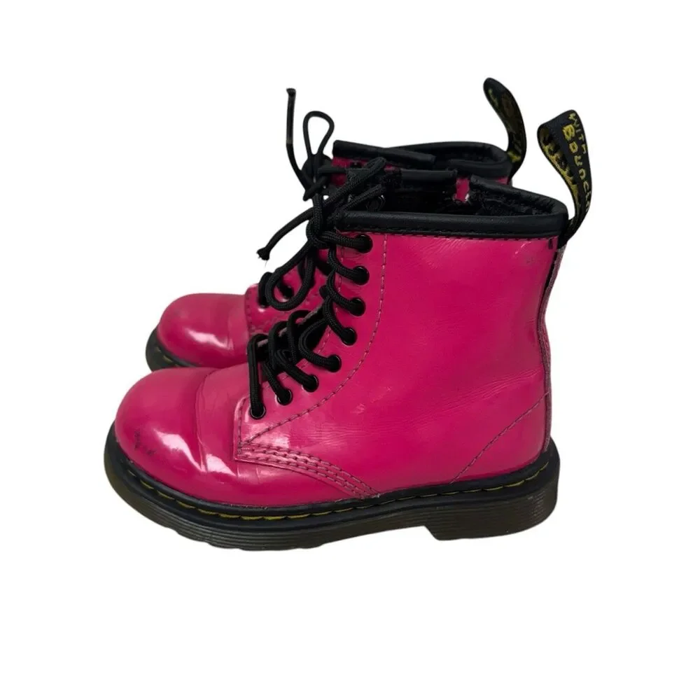 Dr. Martens Baby Girl Size 8 Hot Pink  Patent Leather Lace Up Combat Boots 1460T